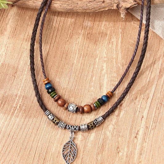 Women's PU Leaf Wooden Bead Necklace Party Ornament Jewelry Gift